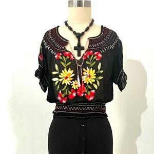 Vintage Hungarian peasant blouse sheer rayon voile with embroidery, 1930-40s